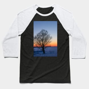 Sunset winter landscape with snow-covered road in violet and pink colors Baseball T-Shirt